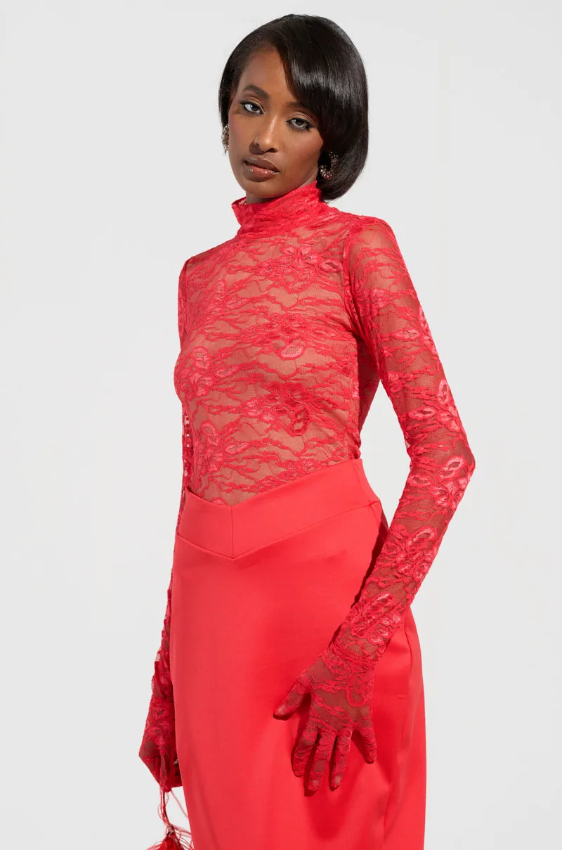 ALL THE ATTENTION LACE GLOVE BODYSUIT IN RED