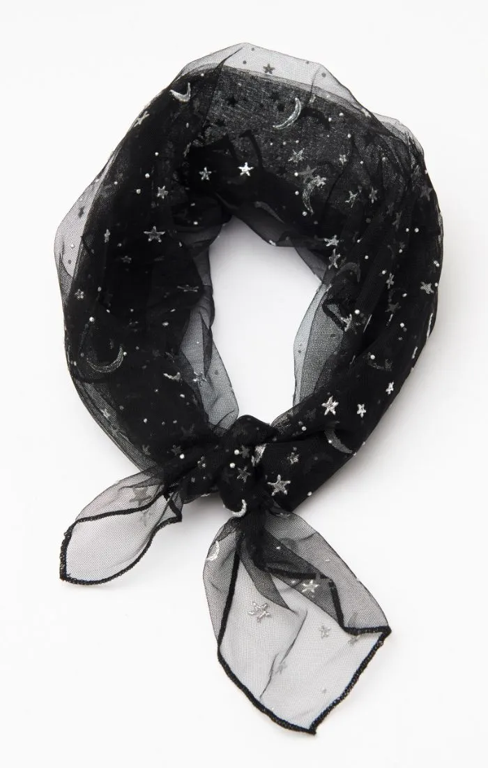 Black Mesh Scarf with Silver Glitter Stars by Unique Vintage