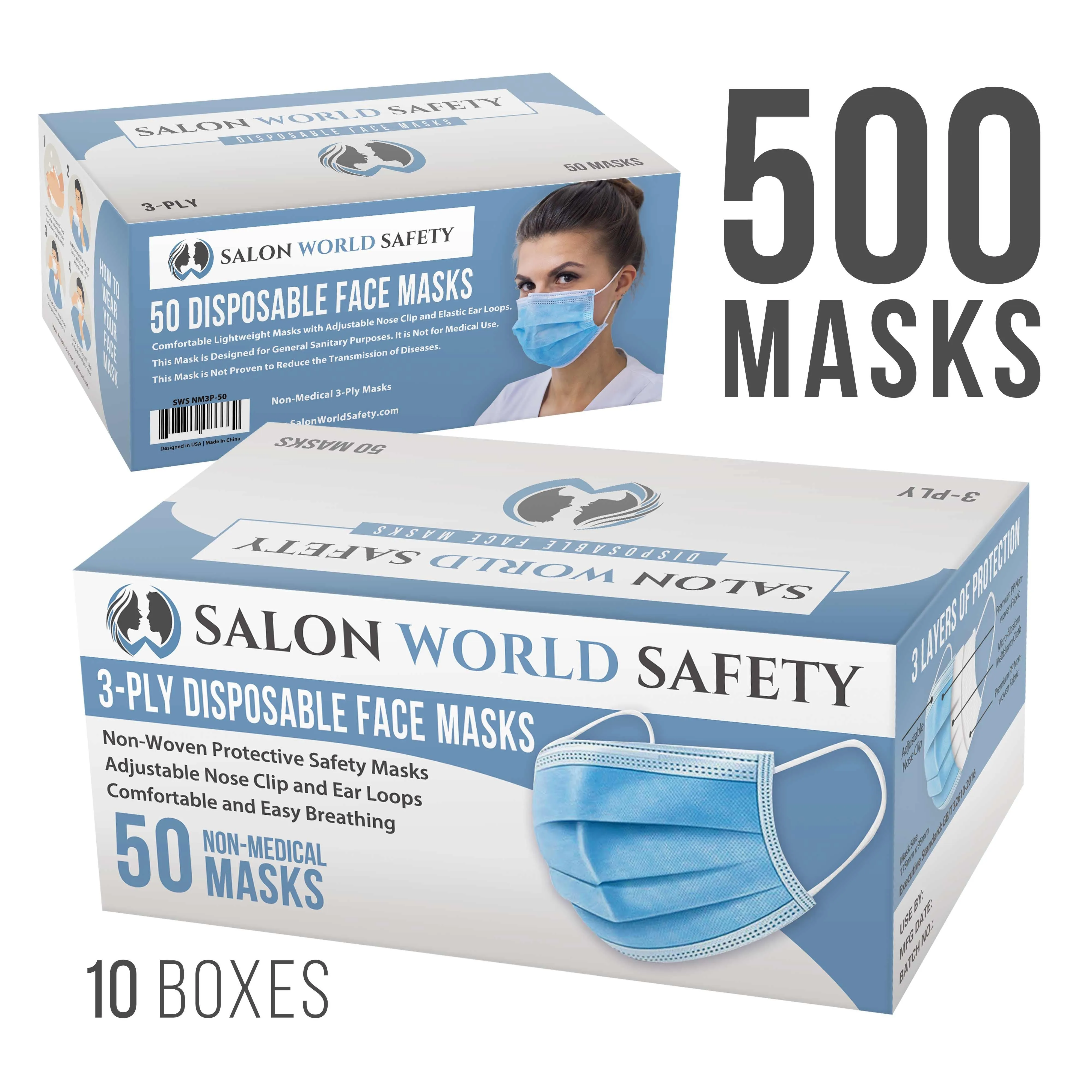 Bulk 10 Boxes (500 Masks) in Sealed Dispenser Boxes of 50 - 3 Layer Disposable Protective Face Masks with Nose Clip Ear Loops, 3-Ply Non-Woven Fabric