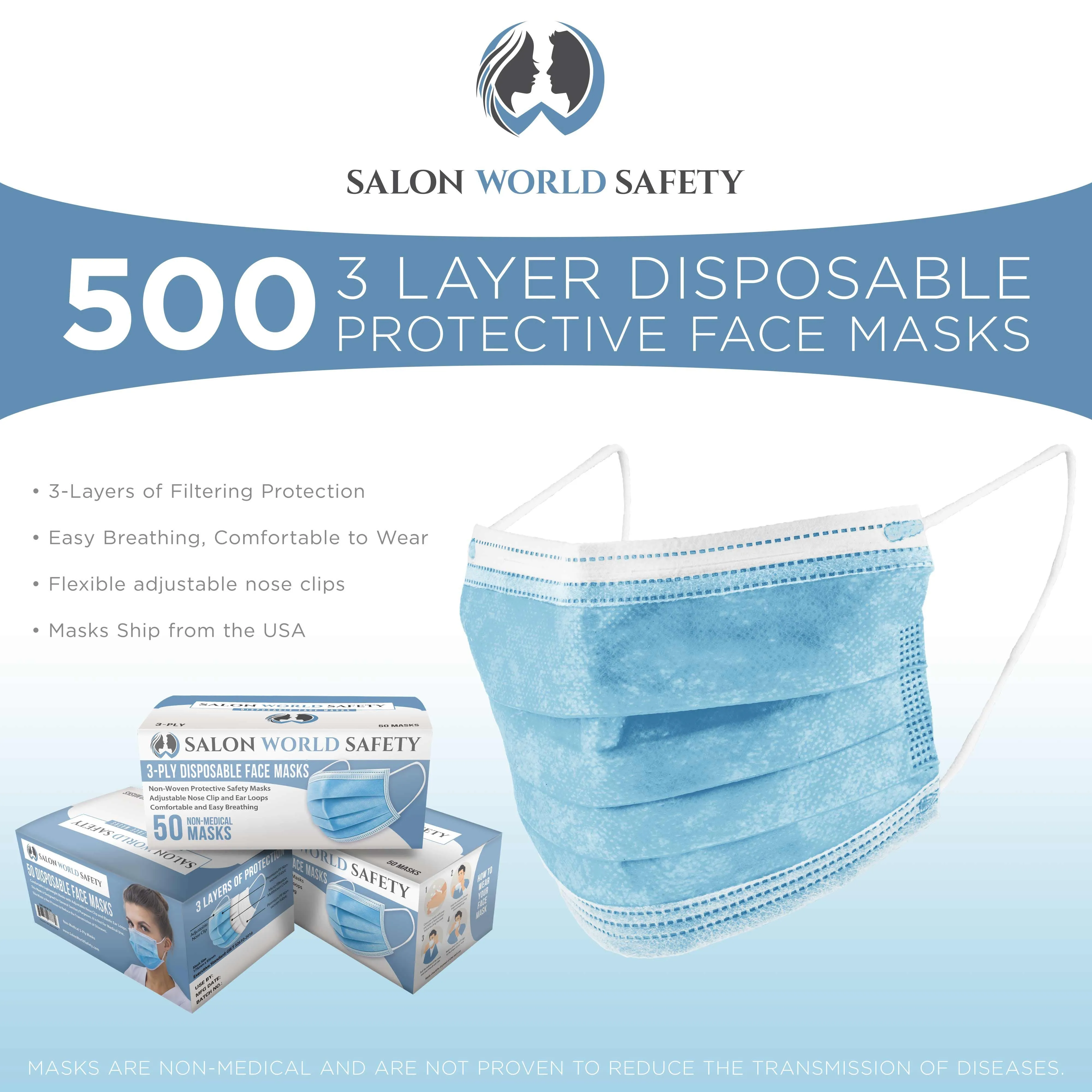 Bulk 10 Boxes (500 Masks) in Sealed Dispenser Boxes of 50 - 3 Layer Disposable Protective Face Masks with Nose Clip Ear Loops, 3-Ply Non-Woven Fabric