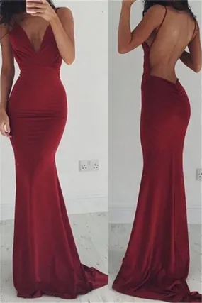 Burgundy Stretchy Spaghettis-Straps Backless Column Prom Dresses