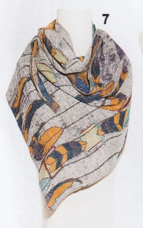 Cashmere Reversible Pointed Scarf- Tan/Blue Print