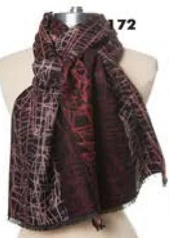 Cashmere Scarf- 172- Red/Black/Tan Print