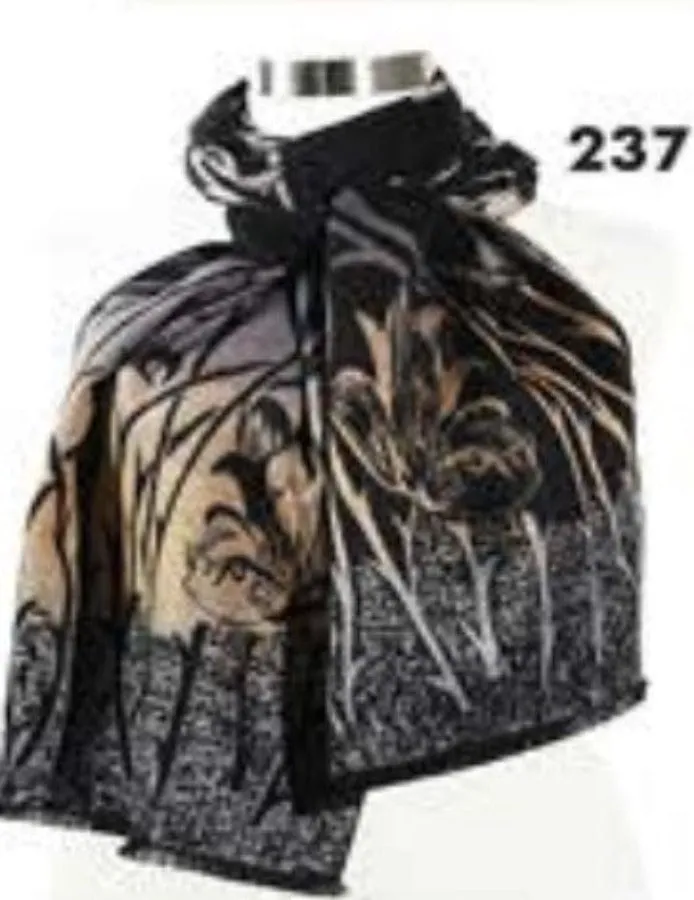 Cashmere Scarf- Black/Tan Plant Print PSC 237