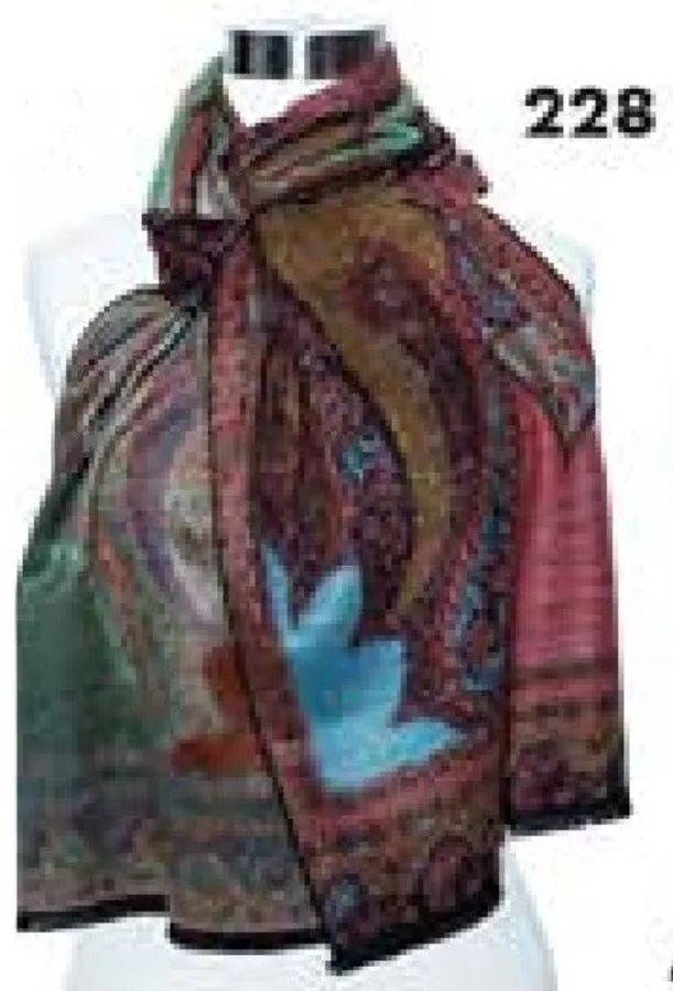 Cashmere Scarf- Green/Wine/Blue Paisley Print PSC 228