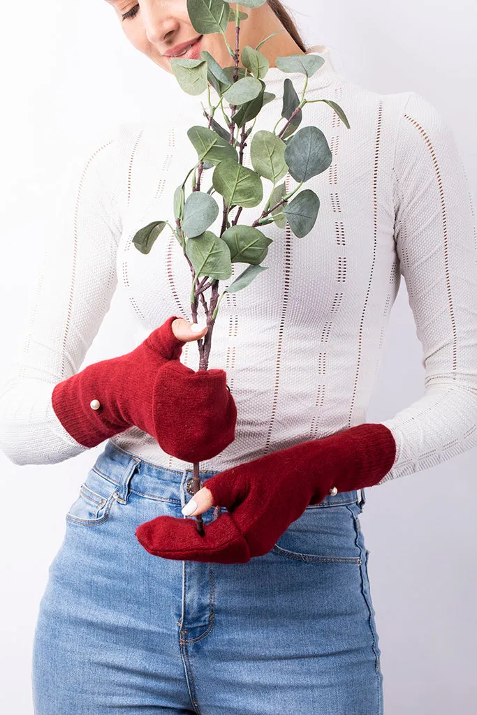 Dark Red - Cashmere Fingerless Flap  Gloves