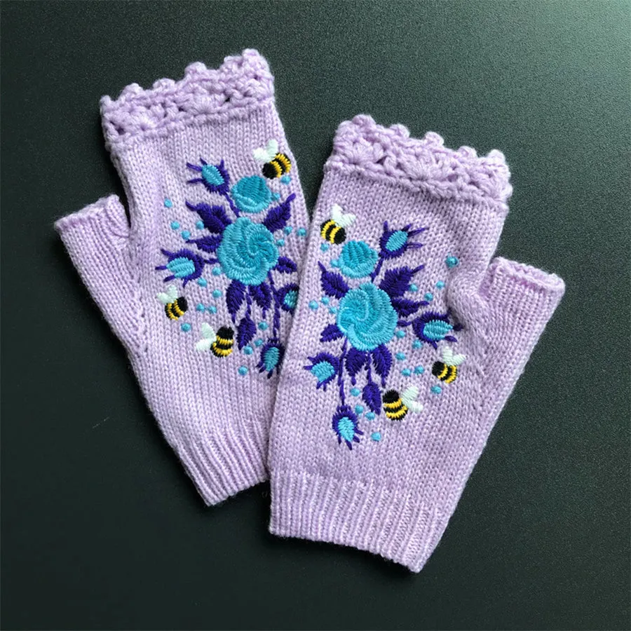 Hand Embroidered Gloves Women's Knitted Gloves Flower Gloves