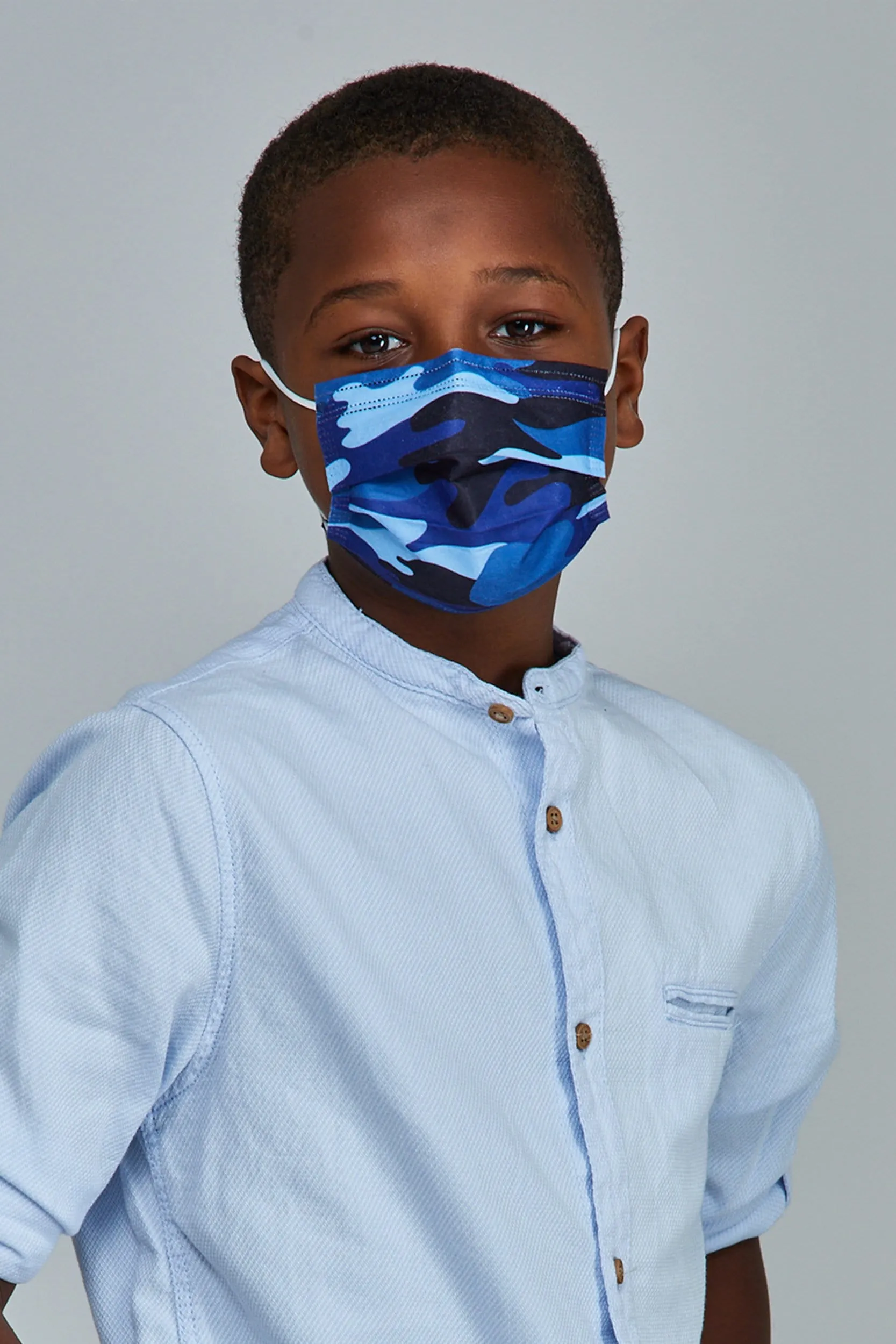 Kids - Blue Camo Face Masks - 10 Pack