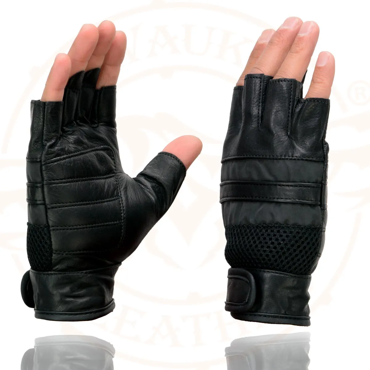 Milwaukee Leather MG7548 Men's Black Leather Mesh Gel Palm Fingerless Motorcycle Hand Gloves W/ ‘Reflective Bands’