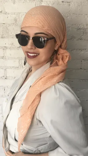 PRE TIED Beach Scarf | Coral Color Cotton Metallic Headscarf For Women | Slip On Style Hair Net Bandana Hijab | Chemo Head Scarf For Women