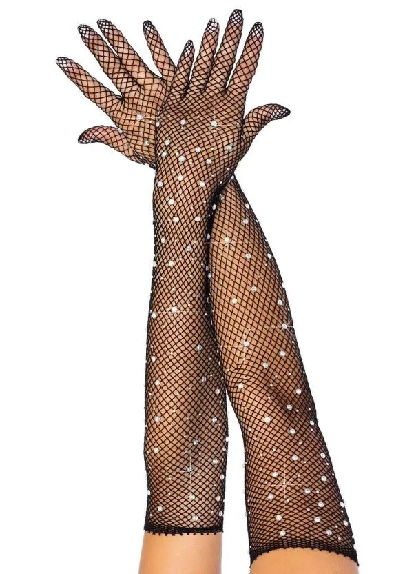 Ring Rhinestone Fishnet Gloves - O/S (Black)