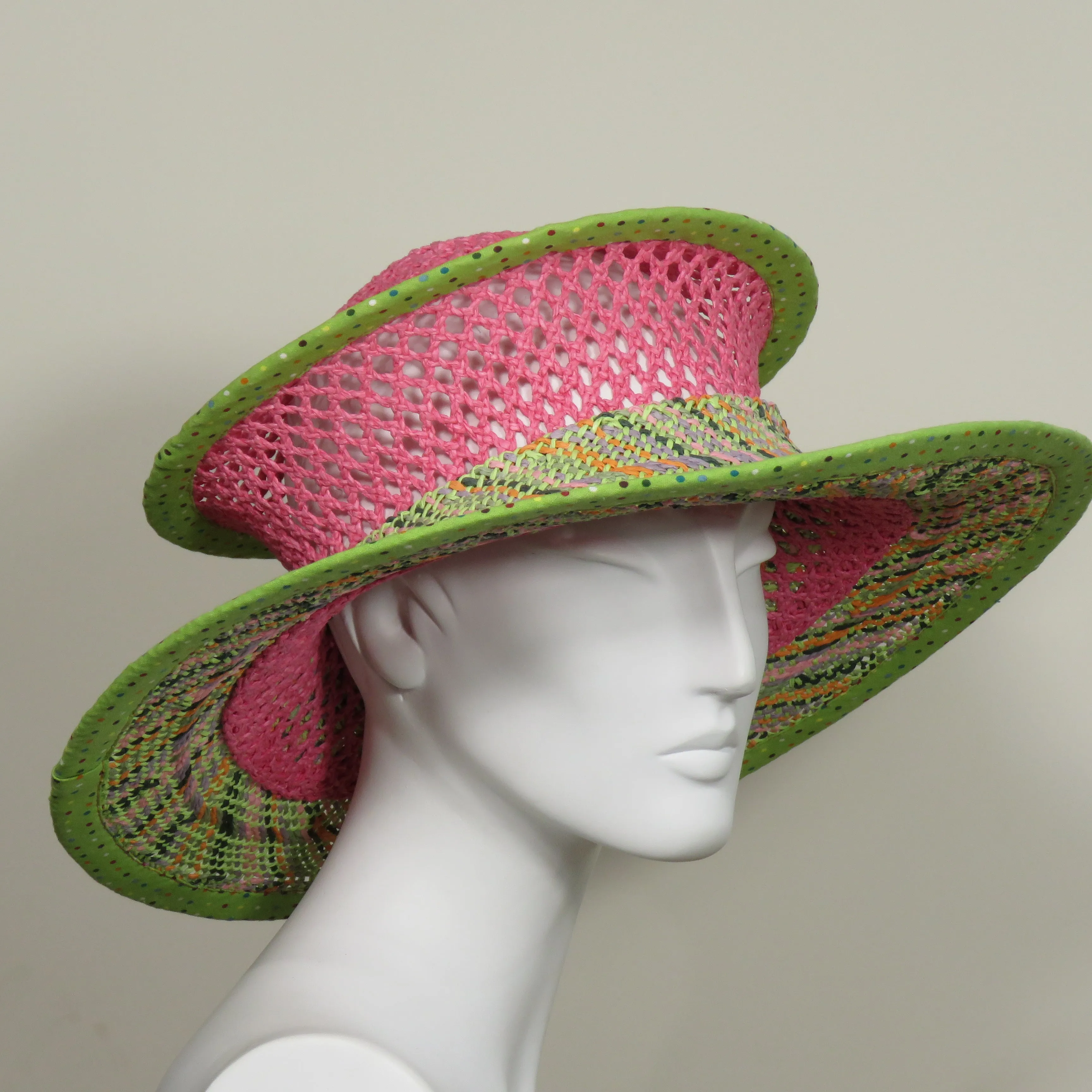 Saturn, Pink and Lime Plaid Straw, Polka Dot Edge and Ribbon