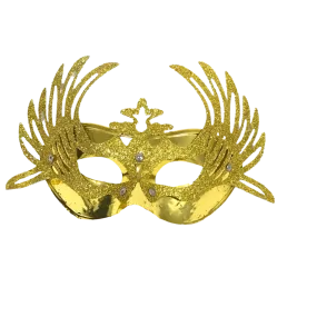 Shiny Gold Masquerade Mask with Attached Gold Glittered Accent and Ribbon Tie (Each)