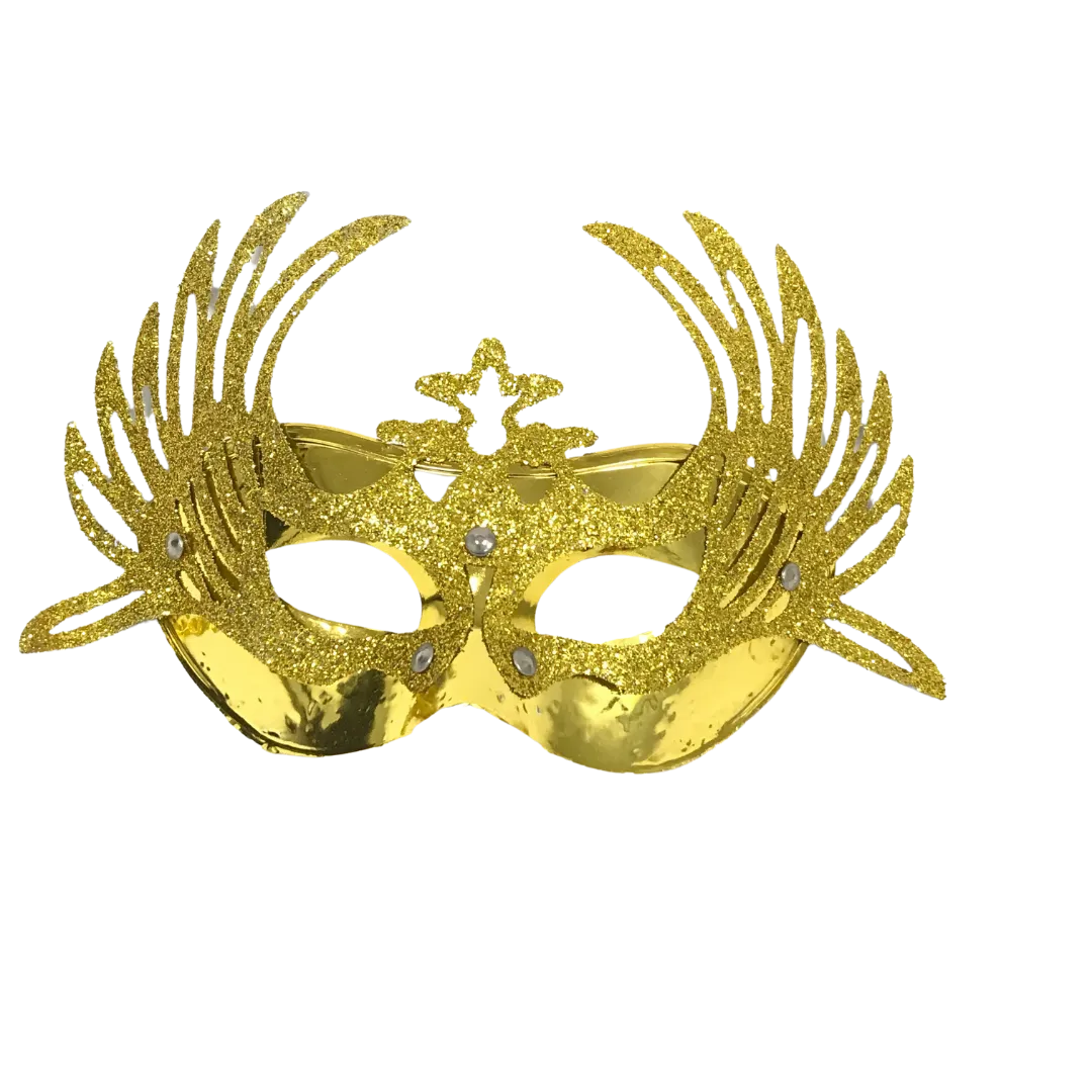 Shiny Gold Masquerade Mask with Attached Gold Glittered Accent and Ribbon Tie (Each)