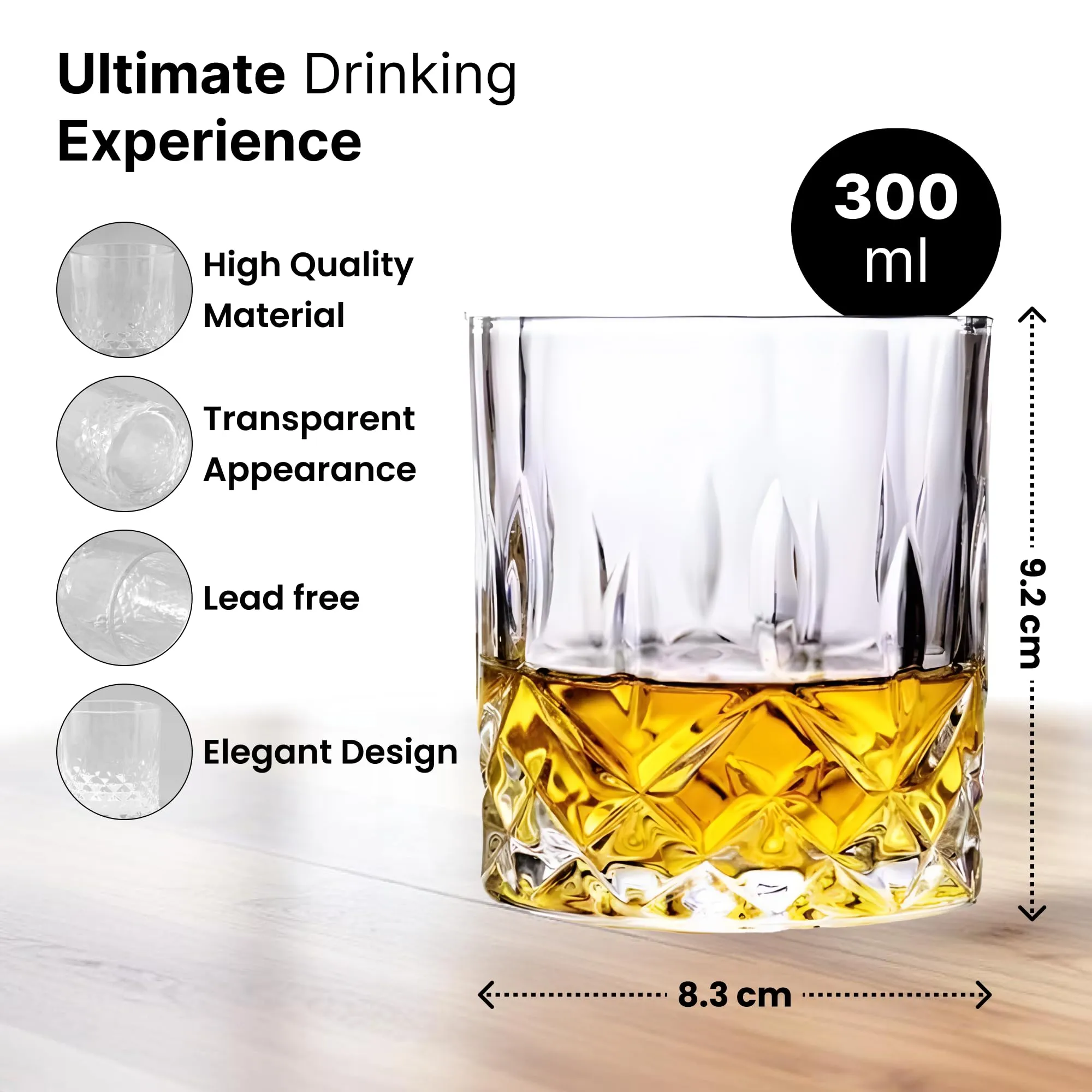 UMAI Whiskey Glasses Set of 4 (300ml Each) | Lead Free Neat Whiskey Glass | Heavy Bottom Drinking Glass | Crystal Glass for Bar Home | Glass for Drinks | Cocktail Glasses | Highball Glass